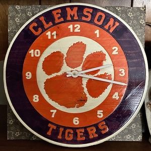 Handmade Wood Painted Clemson Tiger Clock 15” dia.